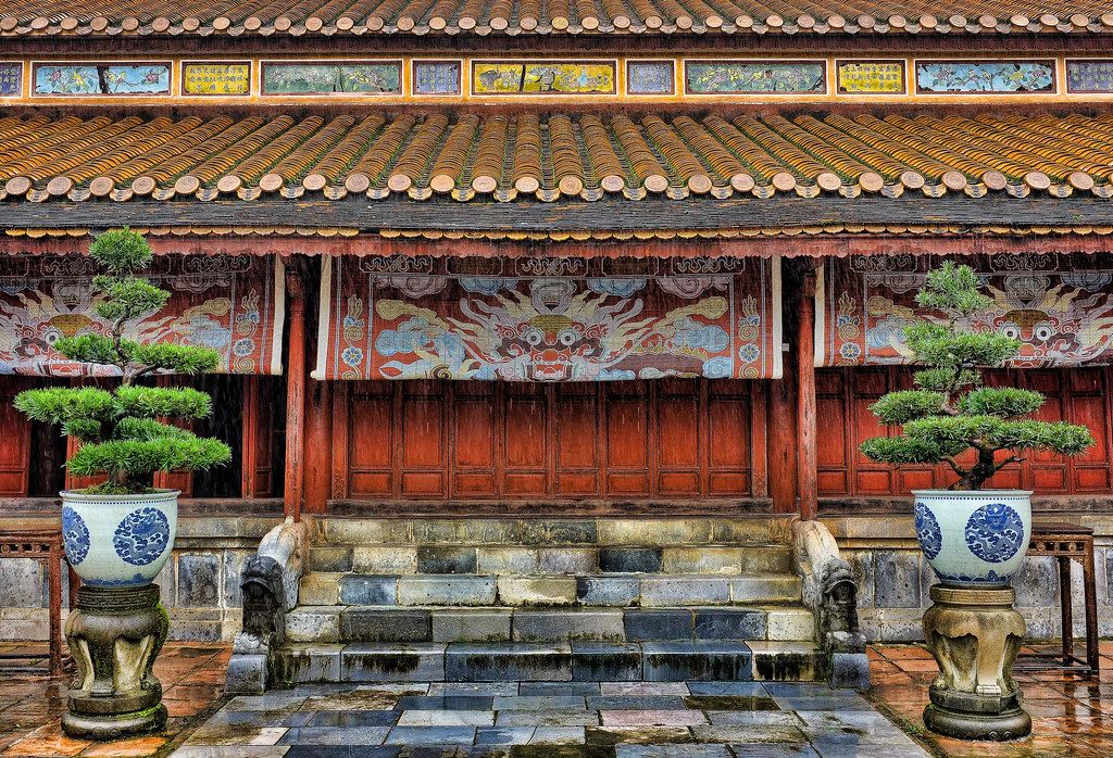 ベトナム・フエの寺院の前に飾られた、青と白の鉢に植えられた盆栽